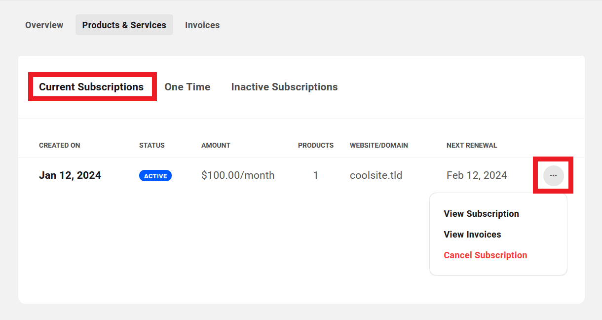 Client's active subscriptions in Client Billing