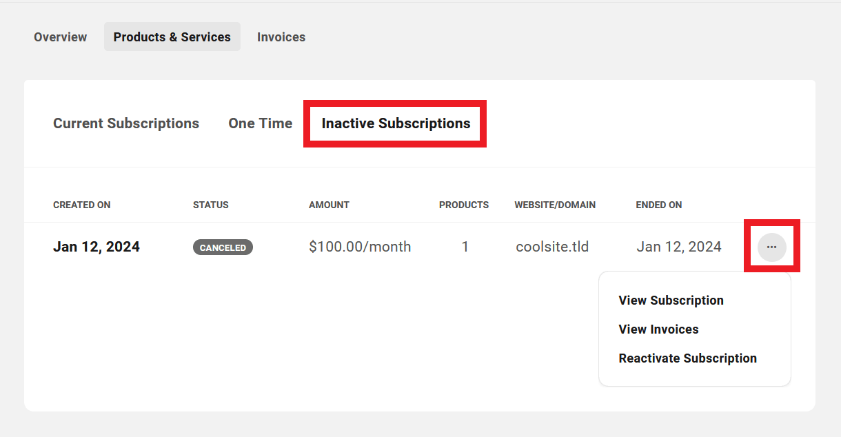 Client's inactive subscriptions in Client Billing