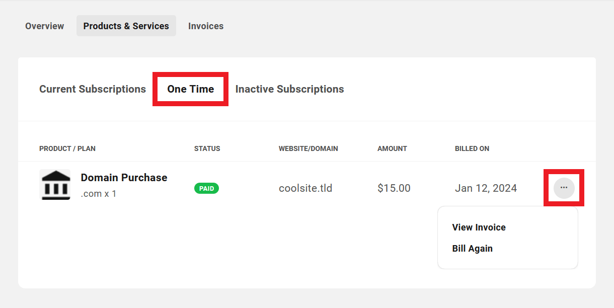 Client's one-time billed products in Client Billing