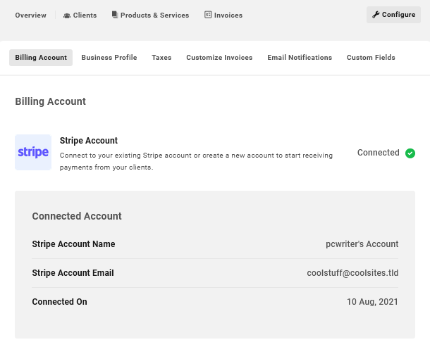 Account settings in Client Billing
