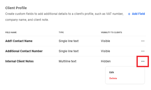 Edit or delete custom fields in Client Billing