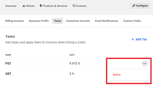 Delete taxes created in Client Billing