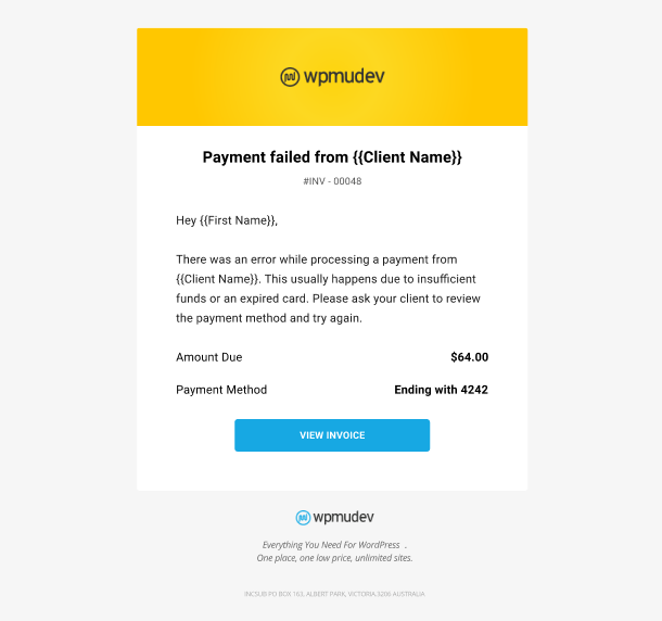 Client Billing email to member example - payment failed