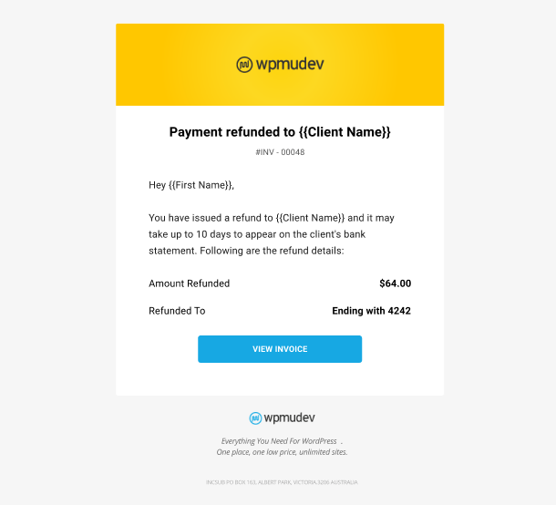 Client Billing email to member example - payment refunded