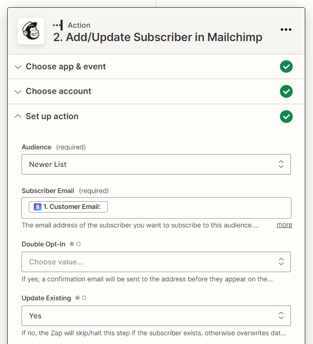 Setting up options in a zap action at Zapier