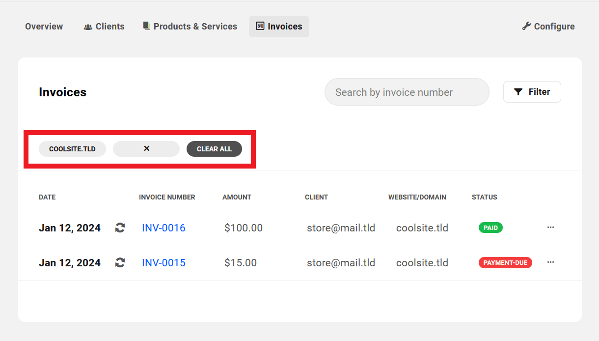 Clear invoice filters in Client Billing