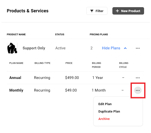 Pricing plan details in a product in Client Billing