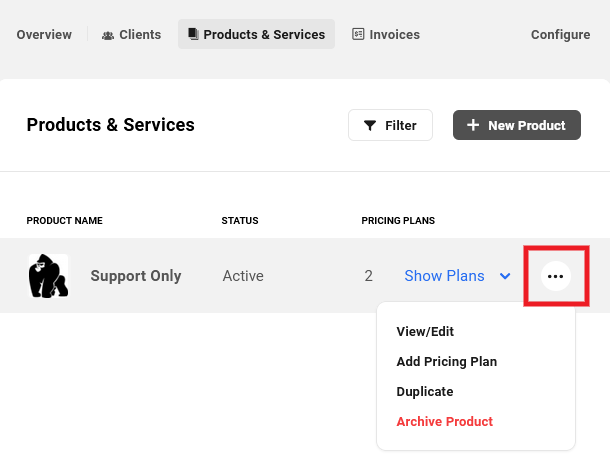 Pricing plan added to a product in Client Billing