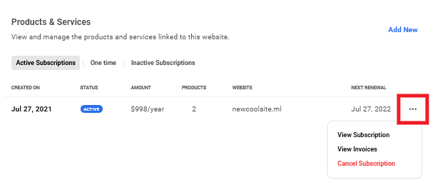 Options for active subscriptions for a site in Client Billing