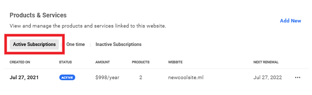 Active subscriptions for a site in Client Billing
