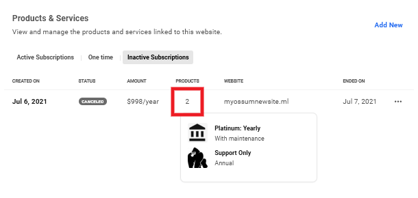 Products included in an inactive subscription for a site in Client Billing