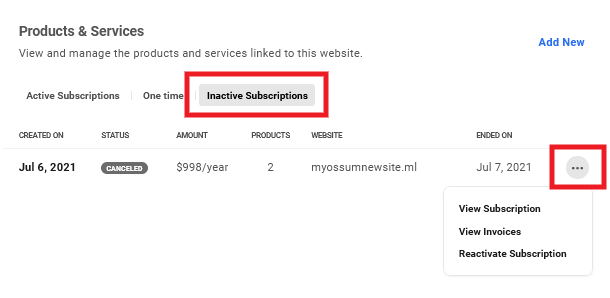 Inactive subscriptions for a site in Client Billing