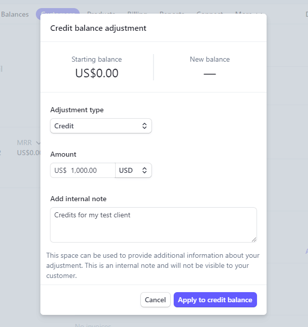 Add to customer credit balance at Stripe