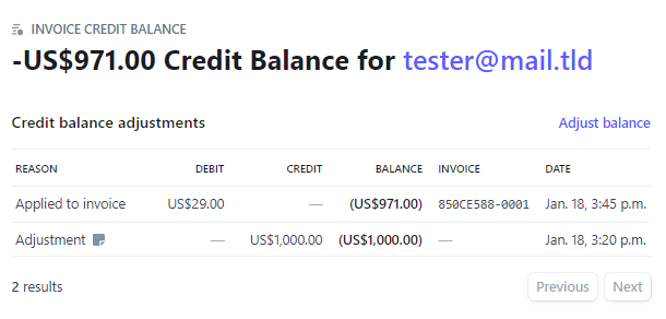 Customer credit balance adjustment at Stripe