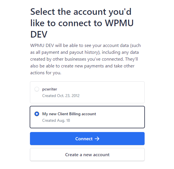 Select Stripe account to connect to Client Billing