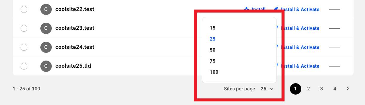 Choose the number of sites to display per page