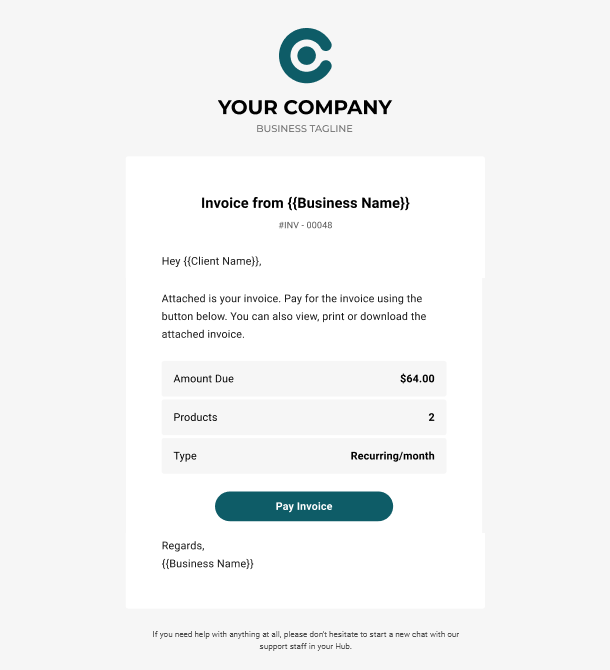 Client Billing email to client example - invoice sent