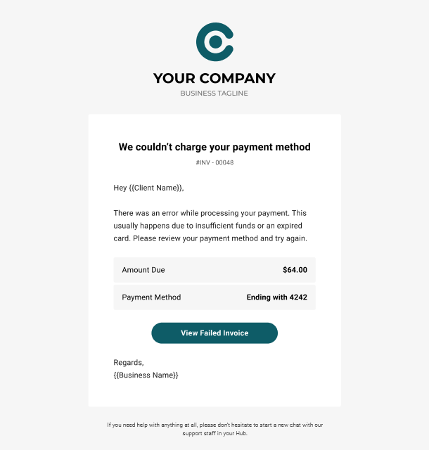 Client Billing email to client example - payment failed