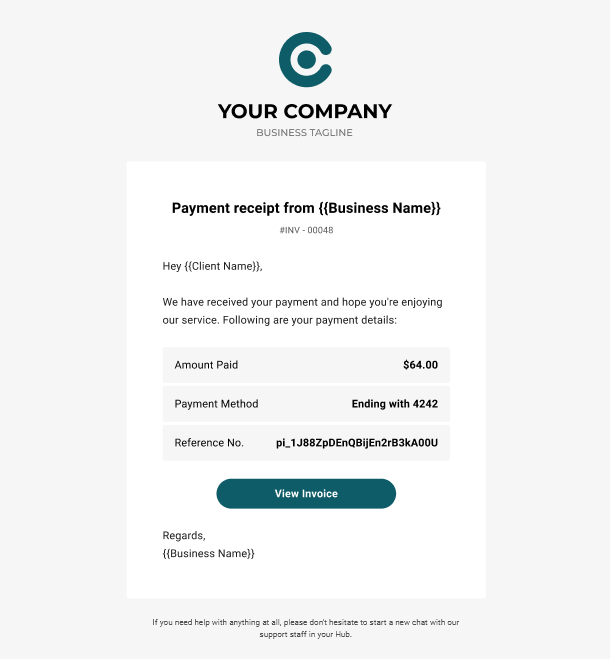 Client Billing email to client example - payment receipt