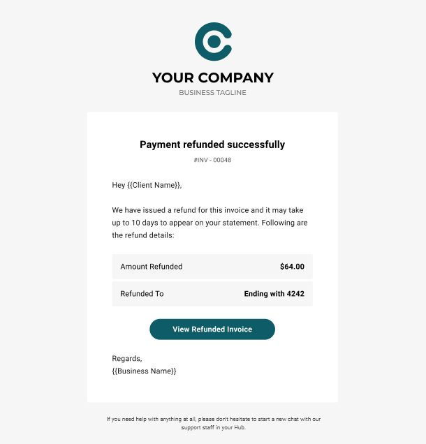 Client Billing email to client example - payment refunded