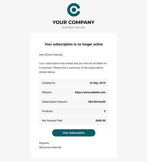 Client Billing email to client example - subscription ended