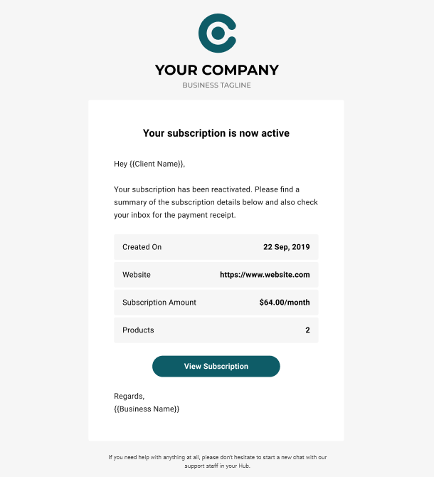 Client Billing email to client example - subscription reactivated