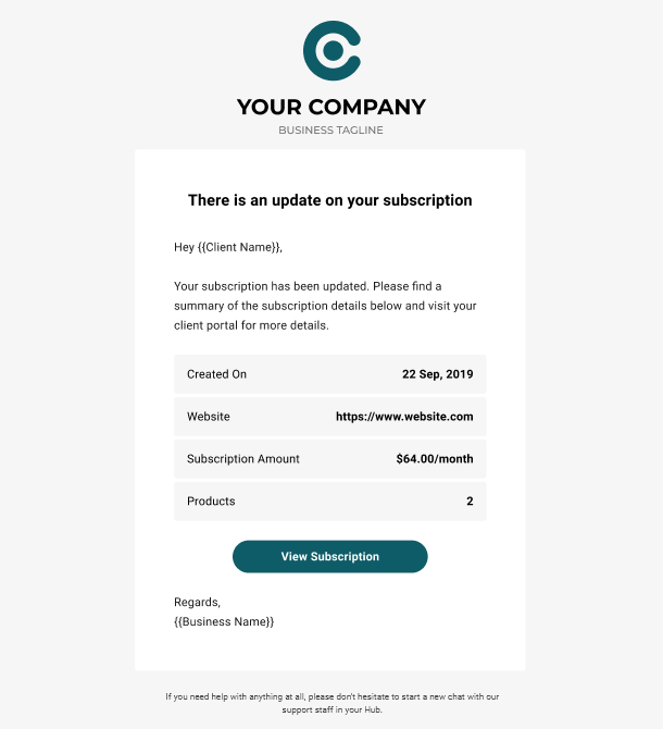 Client Billing email to client example - subscription updated