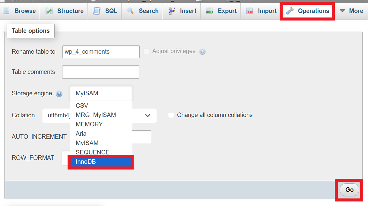 Converting tables to InnoDB in phpMyAdmin