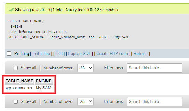 Query results for tables using MyISAM in phpMyAdmin