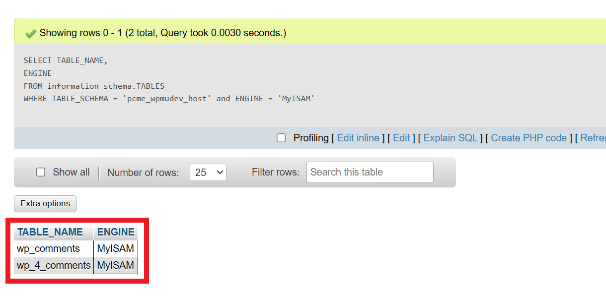 Query results for tables using MyISAM in phpMyAdmin
