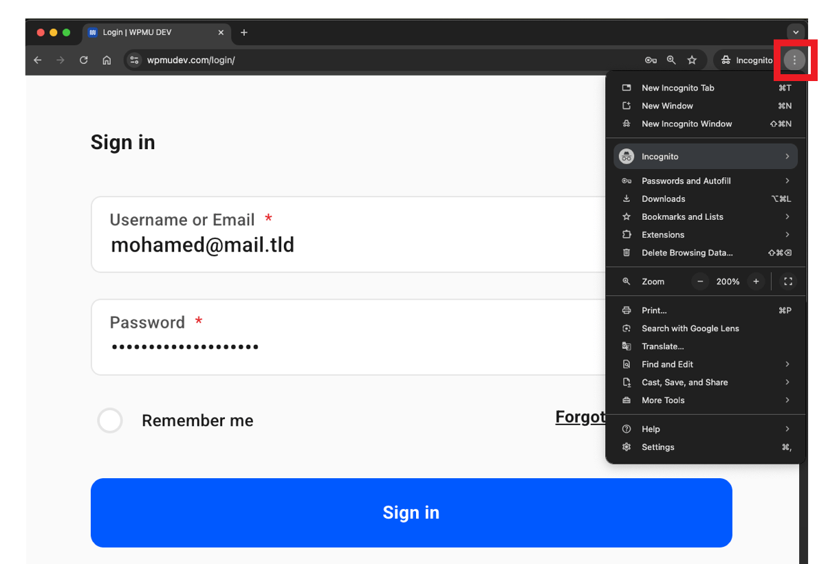 WPMU DEV login form in Chrome incognito window