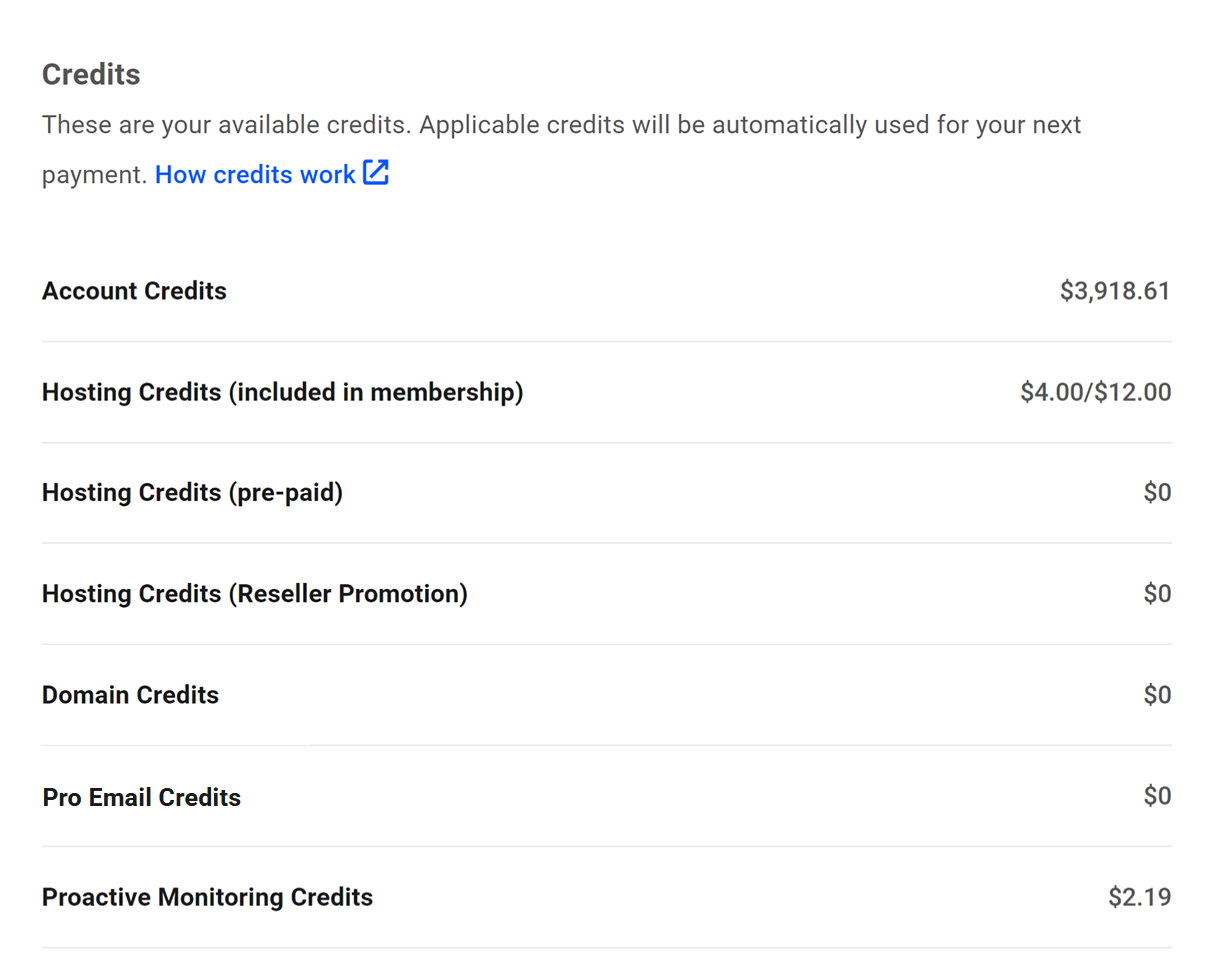 Credit info in your WPMU DEV account