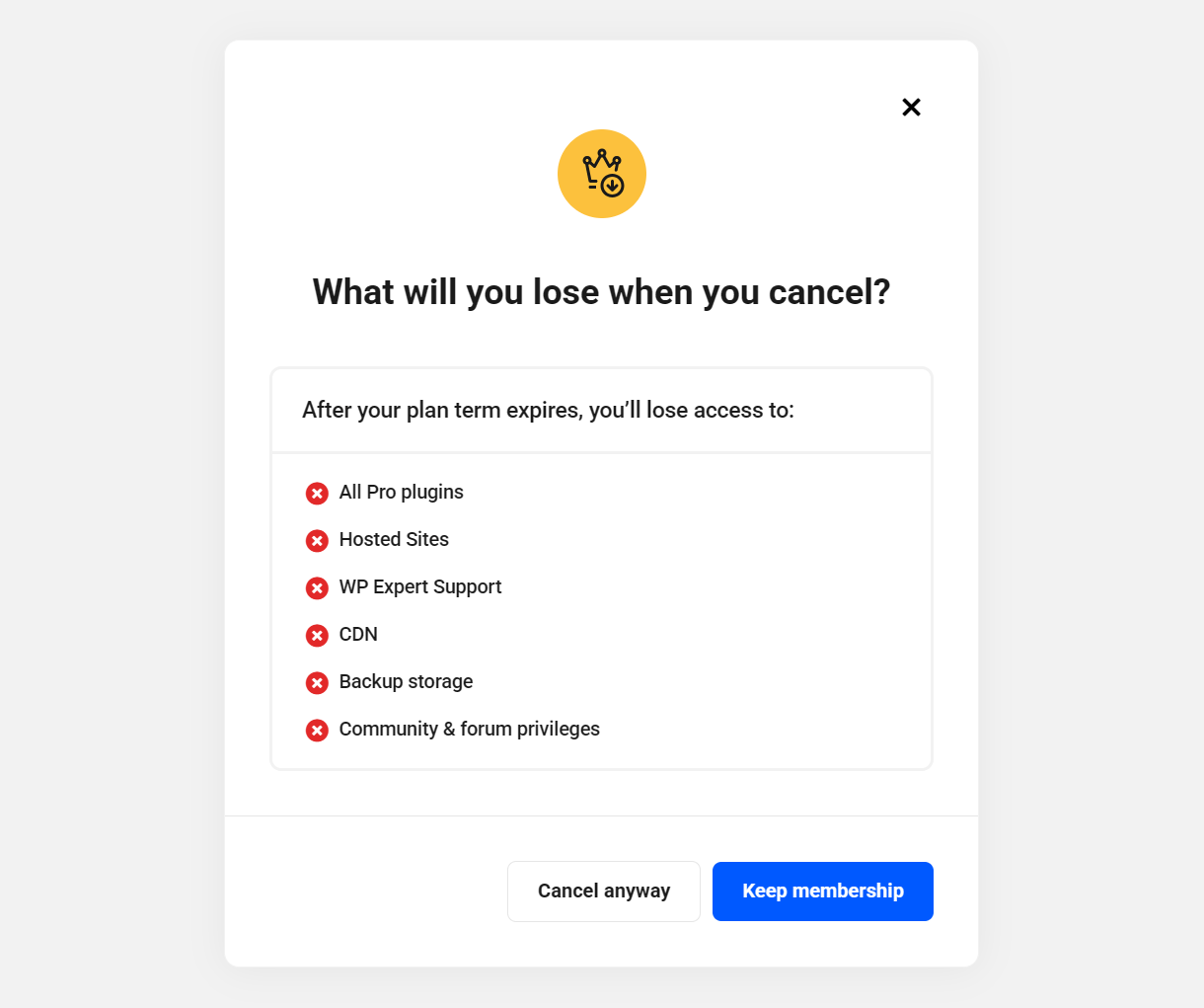 Account cancelation reminder modal