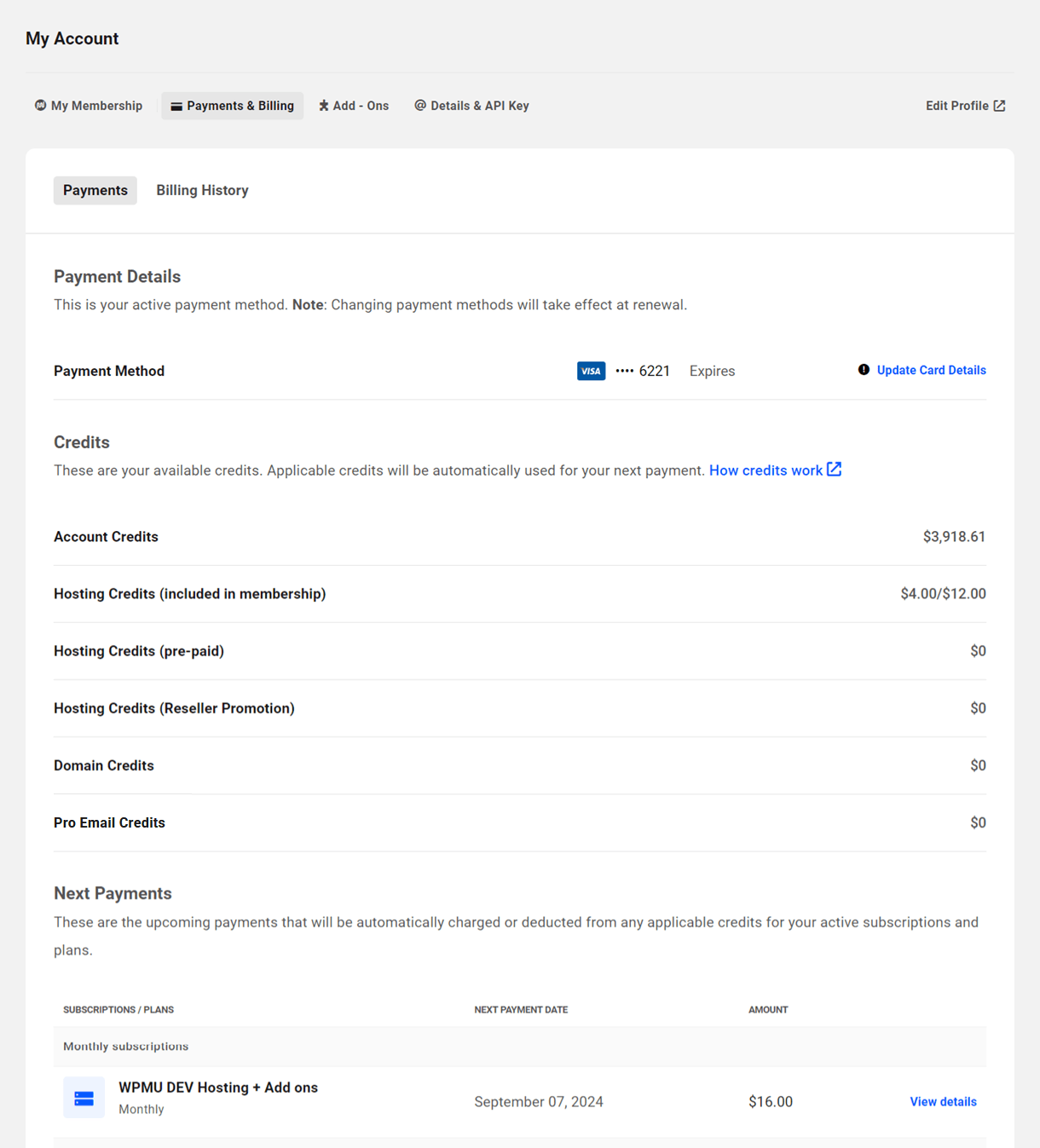 Payment info in your WPMU DEV account