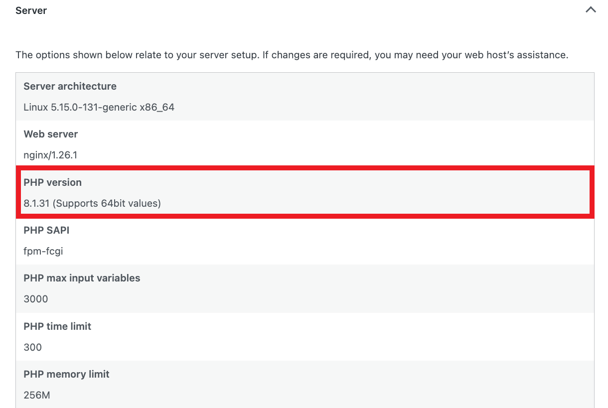 Checking the PHP version on the Site Health screen
