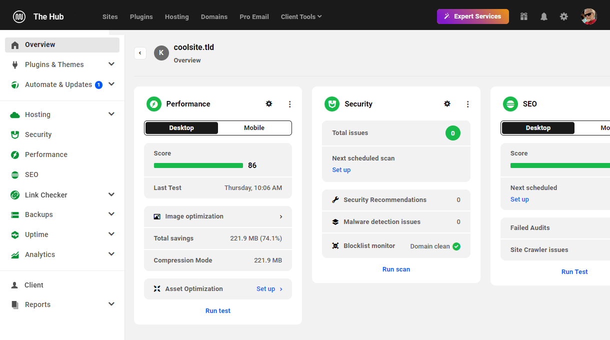 Site overview screen in the free Hub