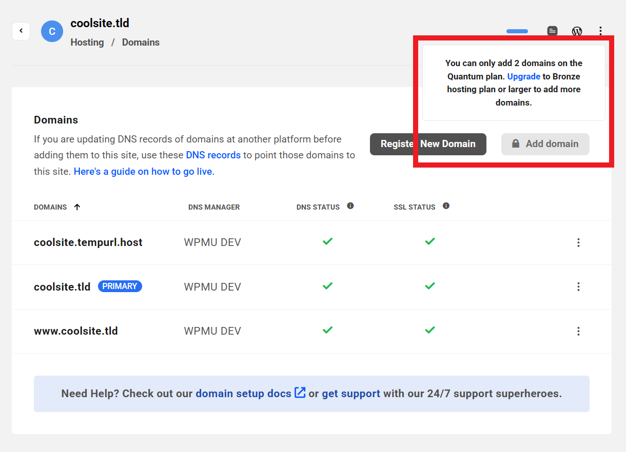 Only one custom domain allowed on Quantum plan