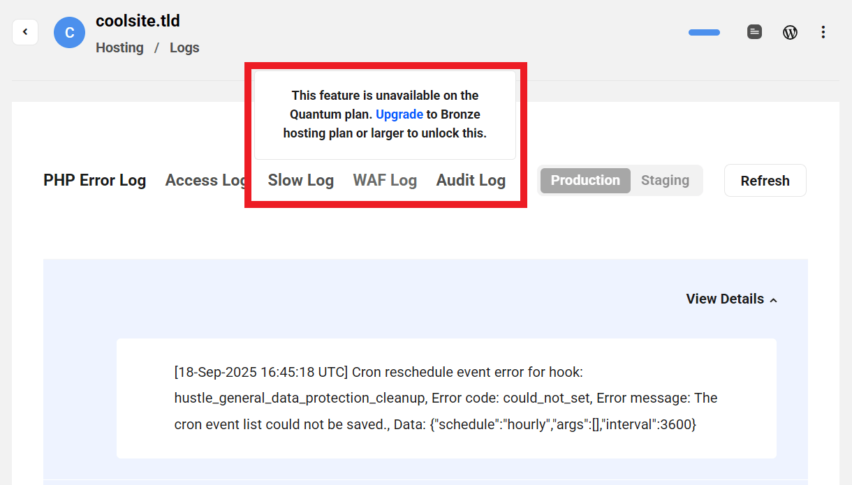 WAF Log not available on Quantum sites