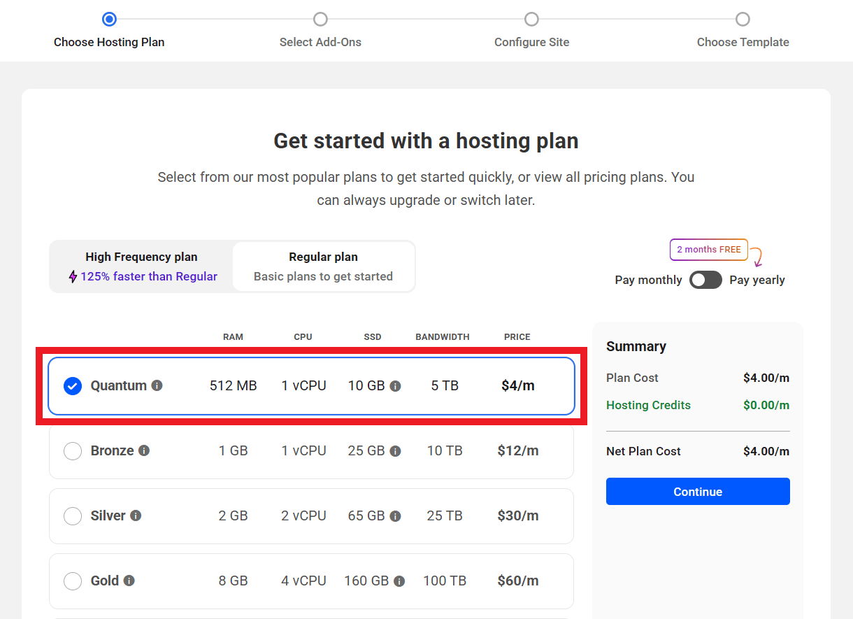 Selecting Quantum plan when creating a hosted site