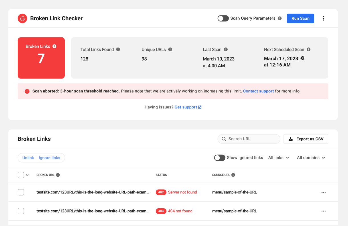Broken Link Checker notice when the scan times out