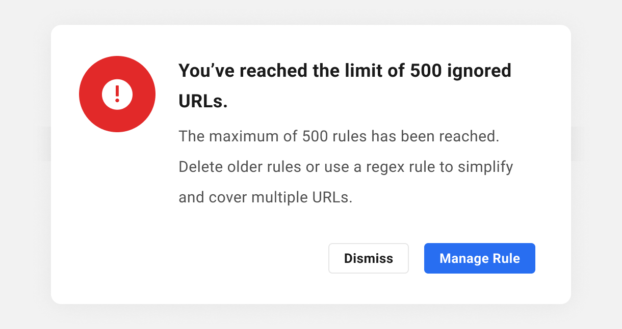 Limit of 500 ignore rules reached