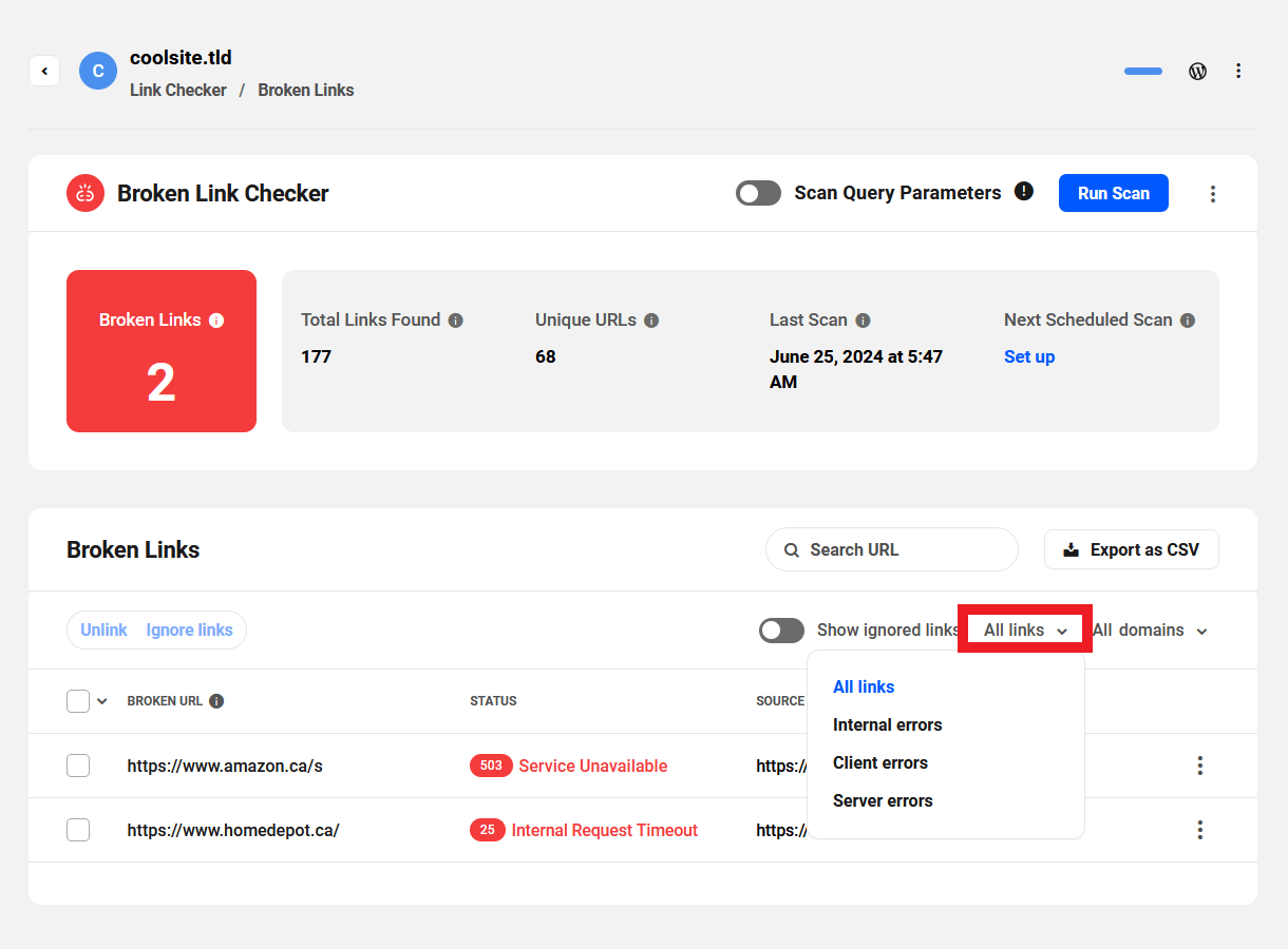 Filter BLC scan results by status