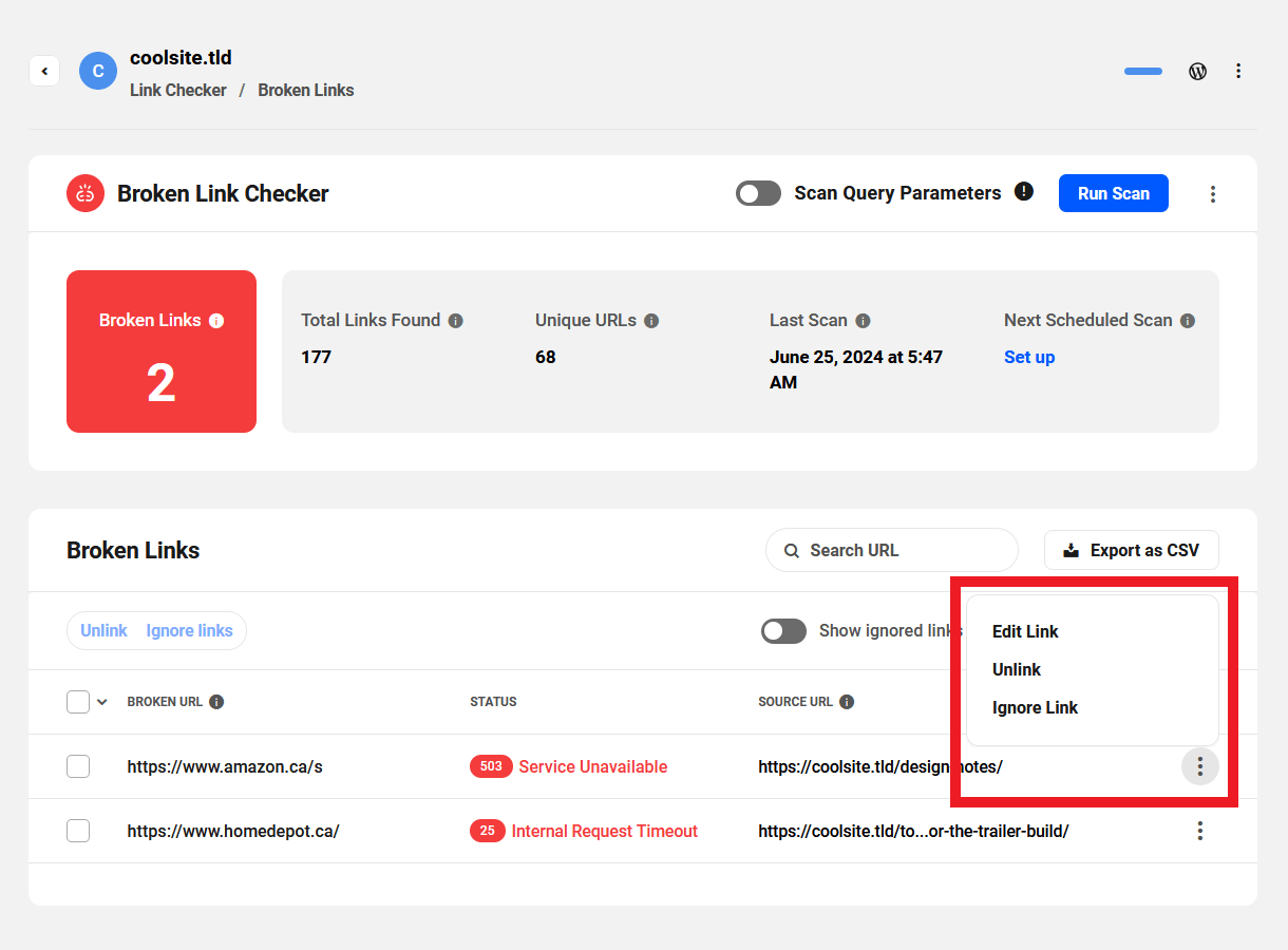 Broken link management options