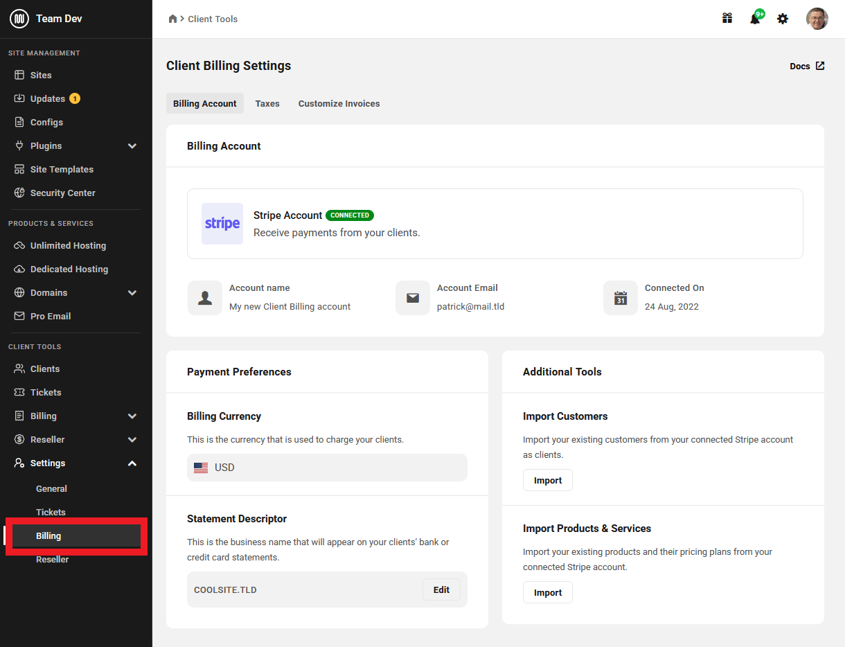 Allows the team member to configure Billing settings in your Client Tools
