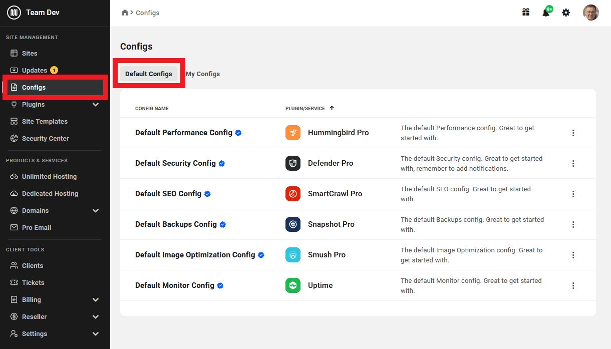 View default configs in The Hub