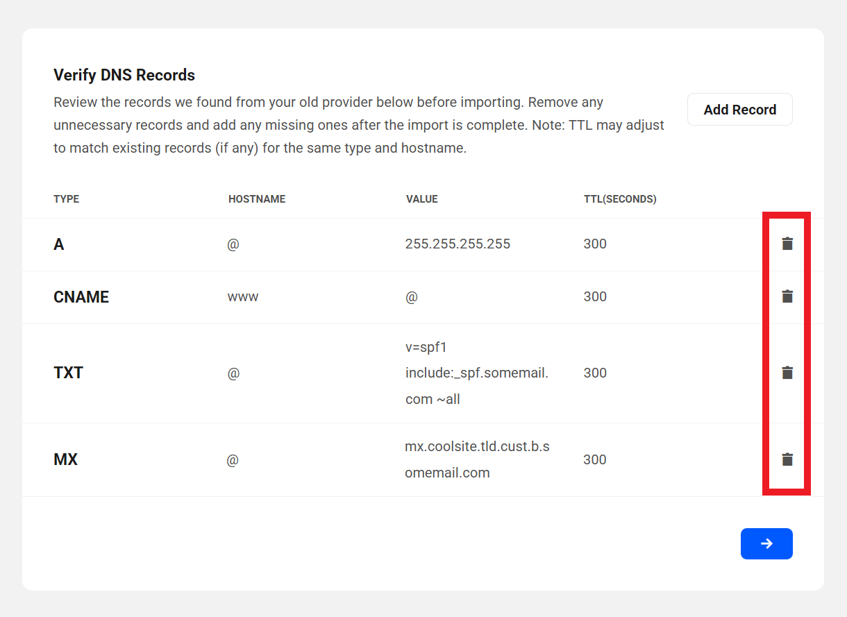 Remove DNS records in The Hub