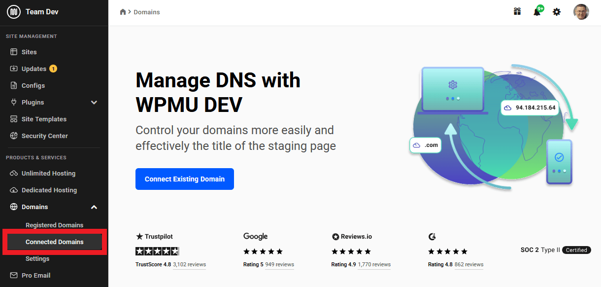Allows the team member to access the Connected Domains area in the Domains manager