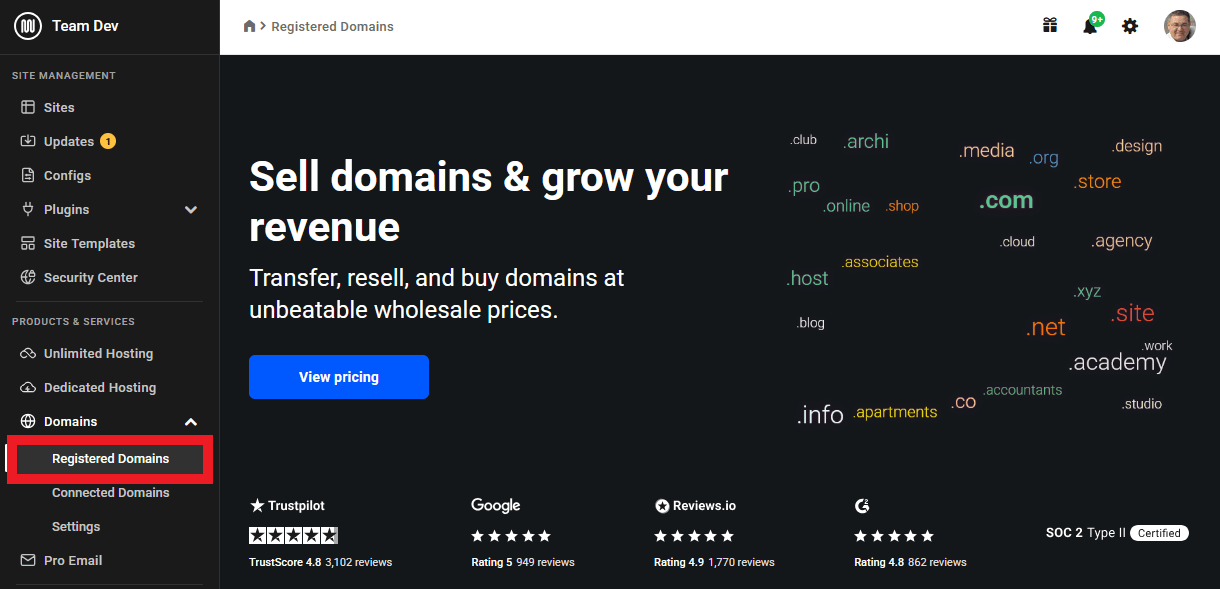 Allows the user to access the Registered Domains area in the Domains manager