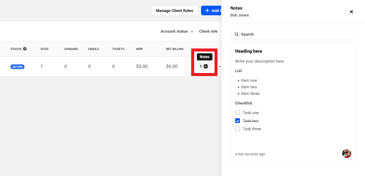 Allows the team member to view any client notes that you or other team members may have added to any client
