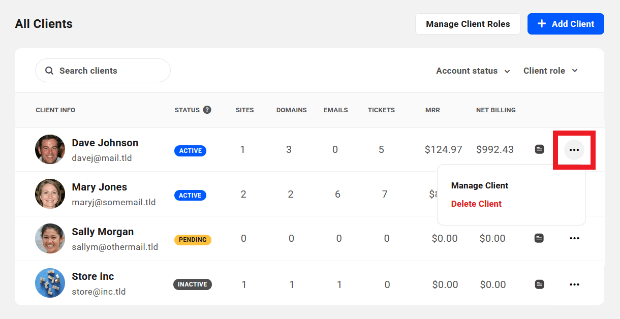 Allows the team member to add, edit & manage clients and client roles